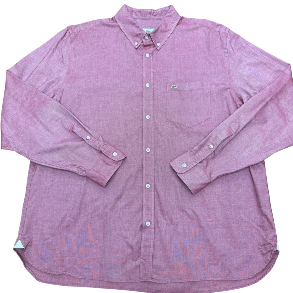 Lacoste Oxford Button Down Shirt Mens 45 XXL Red Pink Classic Fit Long Sleeve